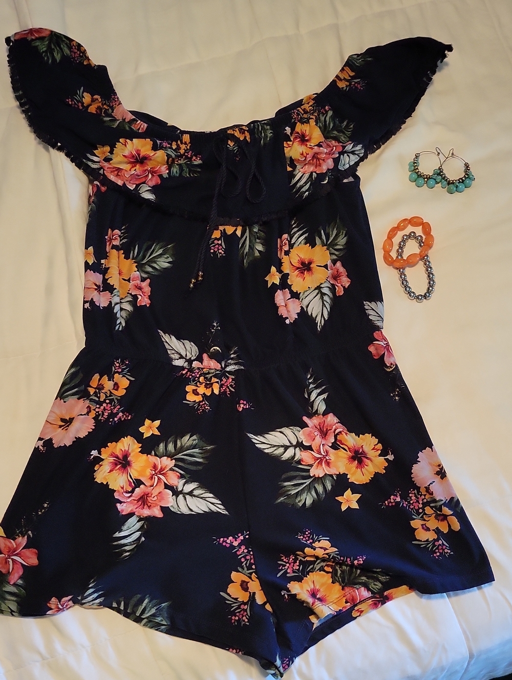 Black Floral Off-Shoulder Romper with Yellow & Pink Blooms